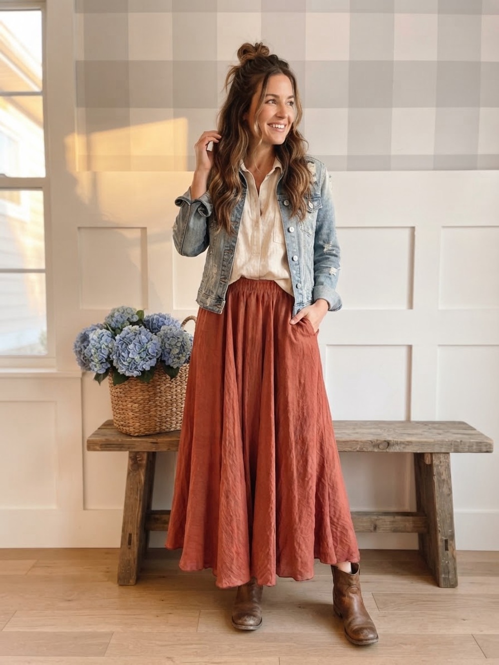 Women's Rust Maxi Skirt with Elastic Waist Medium